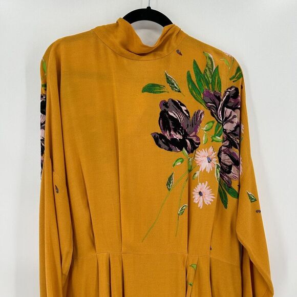 FREE PEOPLE Mustard Yellow Purple Floral Long Sleeve Open Back Mini Dress Large - Picture 5 of 9